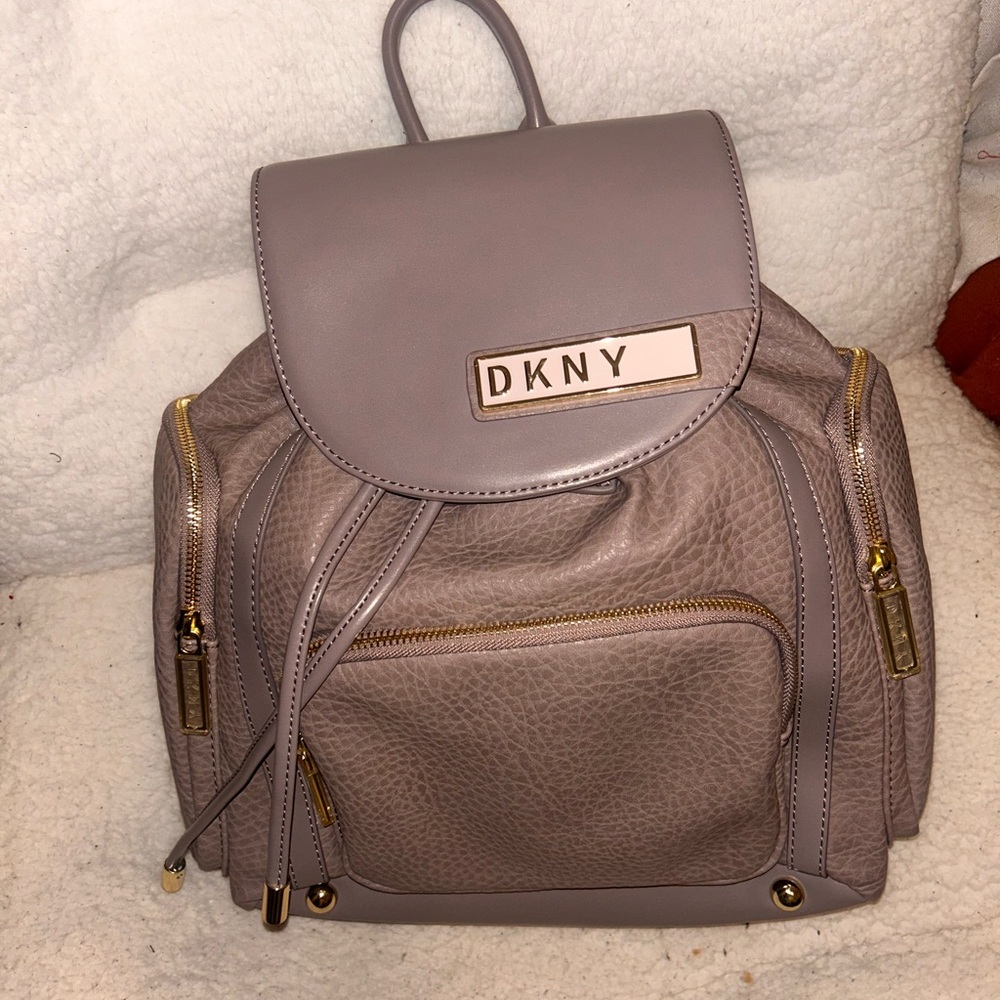 DKNY Gray Backpack with Textured Leather and Flap Closure